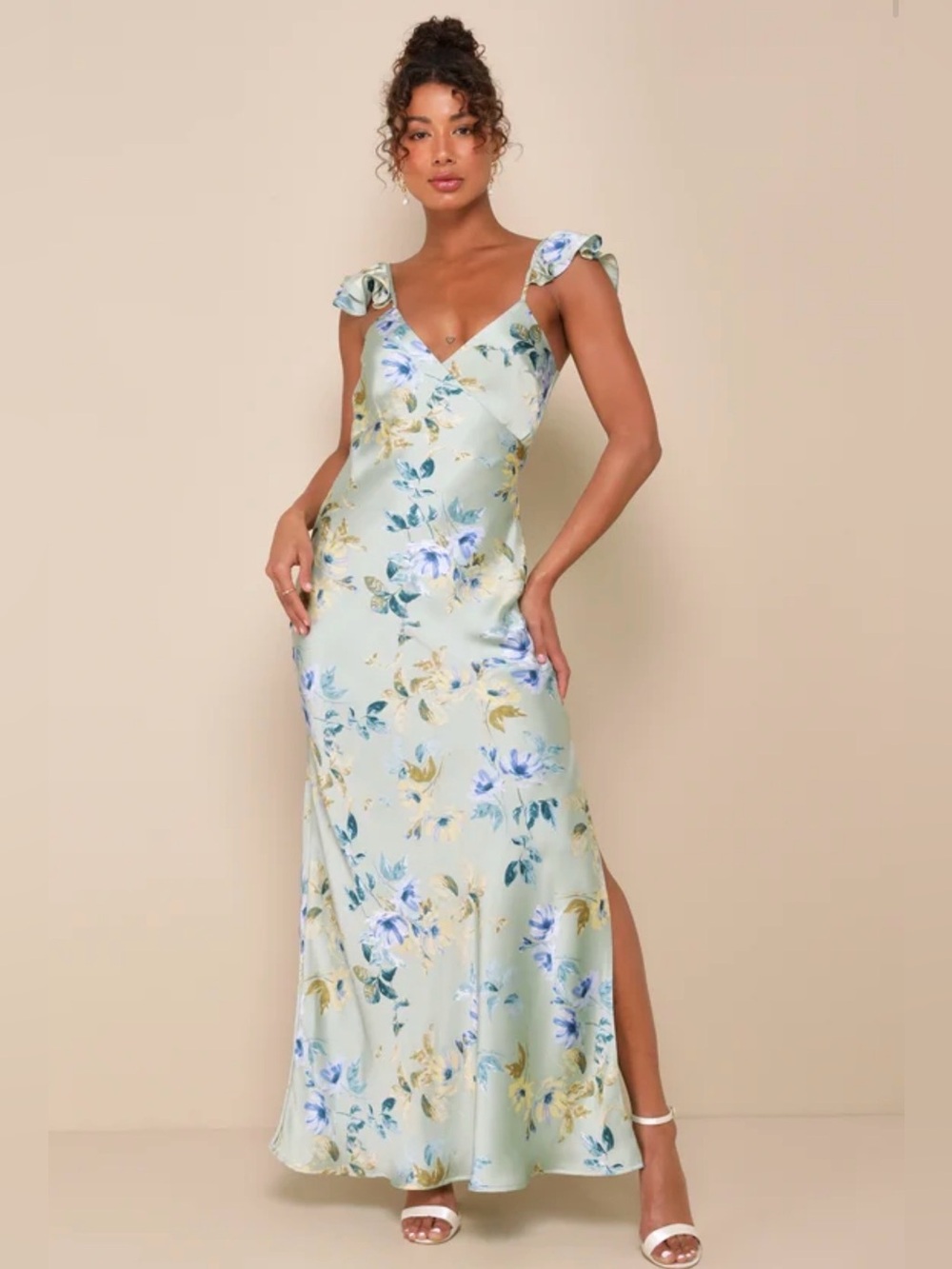 NWT Lulus Sage Green Floral Satin Ruffle Sleeve Maxi Dress with Slit Medium